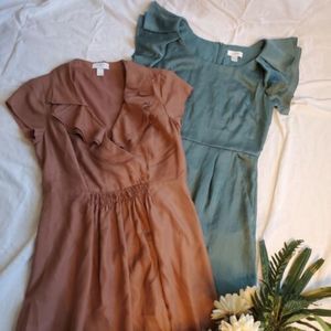 Ann Taylor LOFT Lot of 2 Silk Dresses Size 4 Green Brown